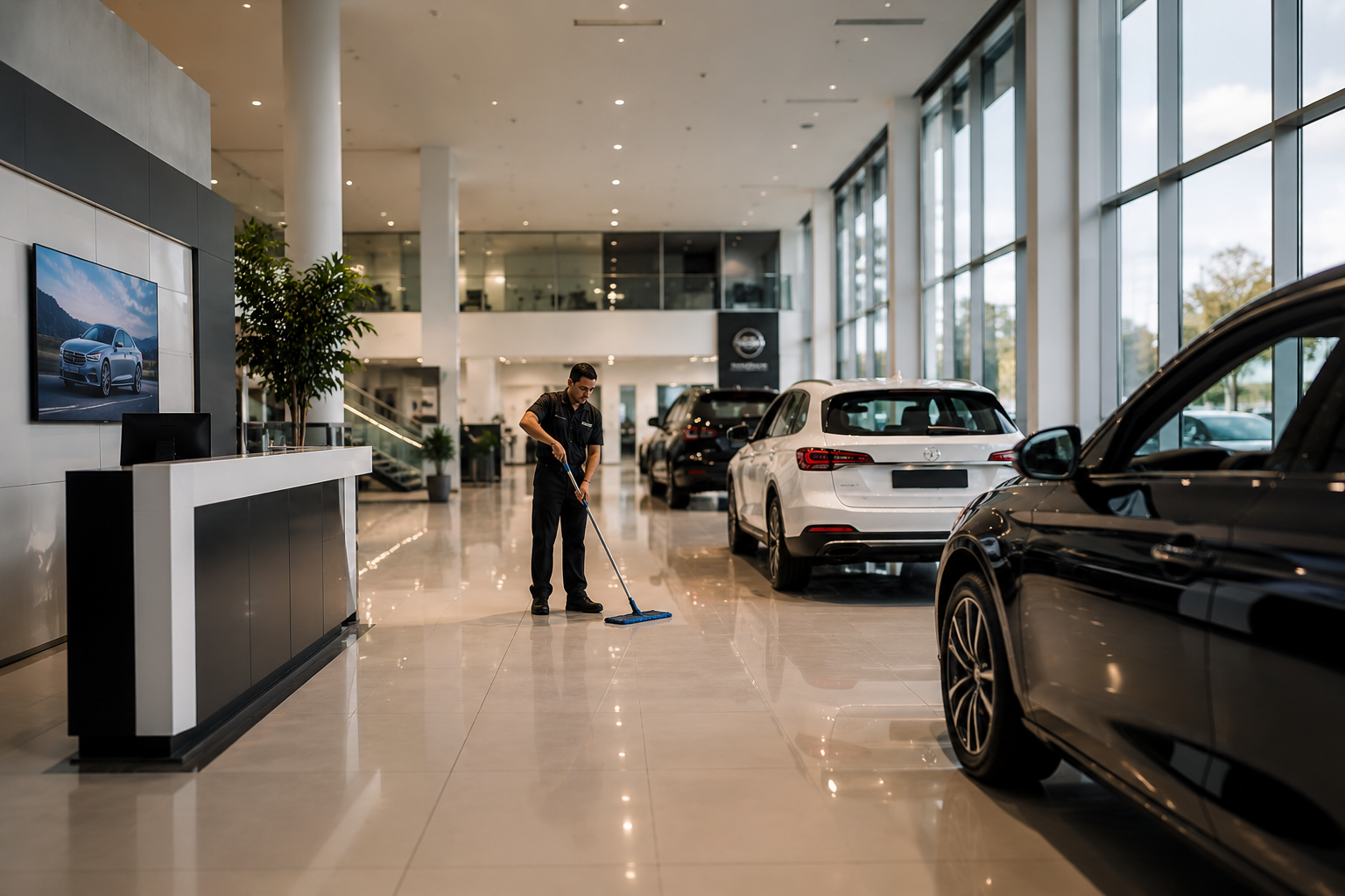 Automotive dealership showroom cleaning by Pinnacle Commercial Cleaning